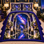 Milky Way Gallery Arch Quilted Bedding Set with printed optical 3D artwork in its use setting