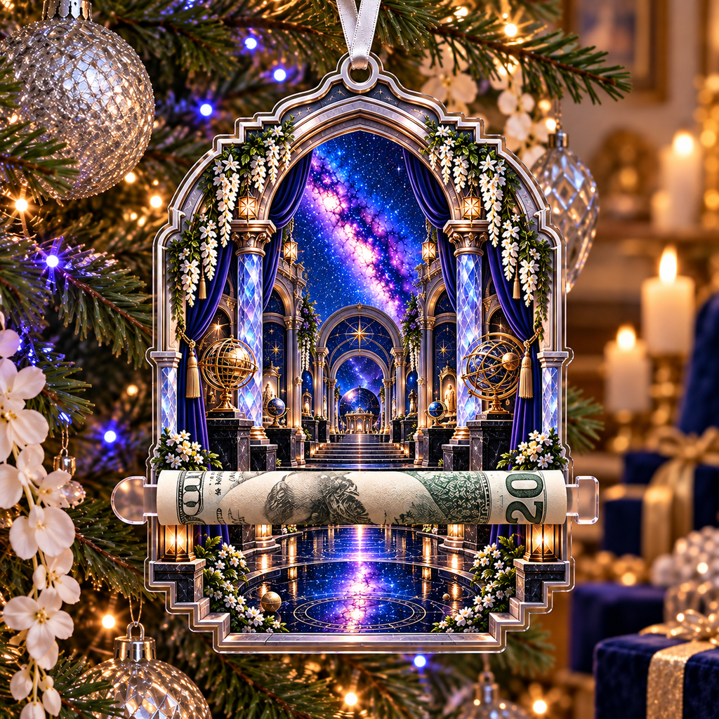 Milky Way Gallery Arch Acrylic Cash Holder Ornament with printed optical 3D artwork in its use setting
