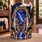 Milky Way Gallery Arch Laundry Hamper with printed optical 3D artwork in its use setting