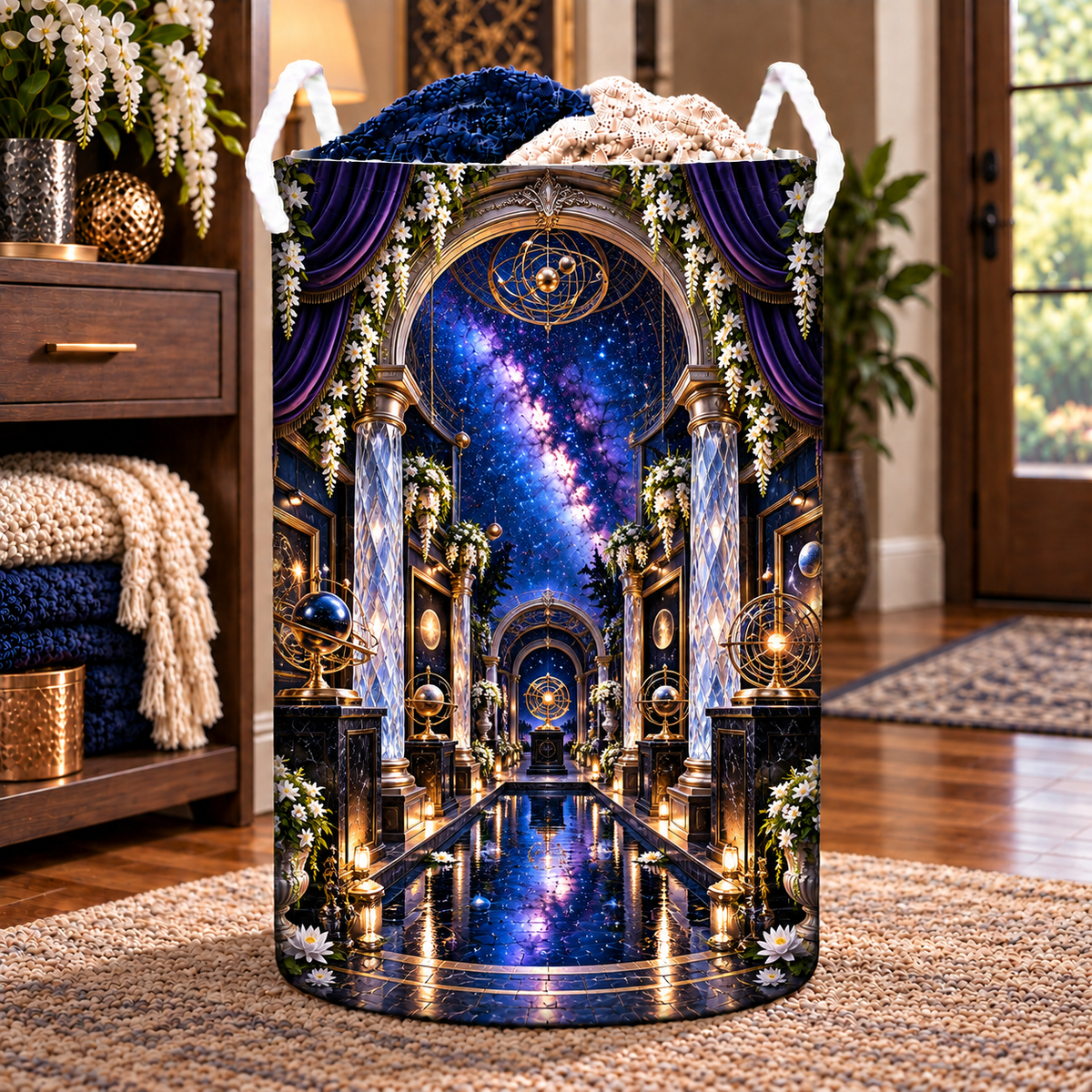 Milky Way Gallery Arch Laundry Hamper with printed optical 3D artwork in its use setting