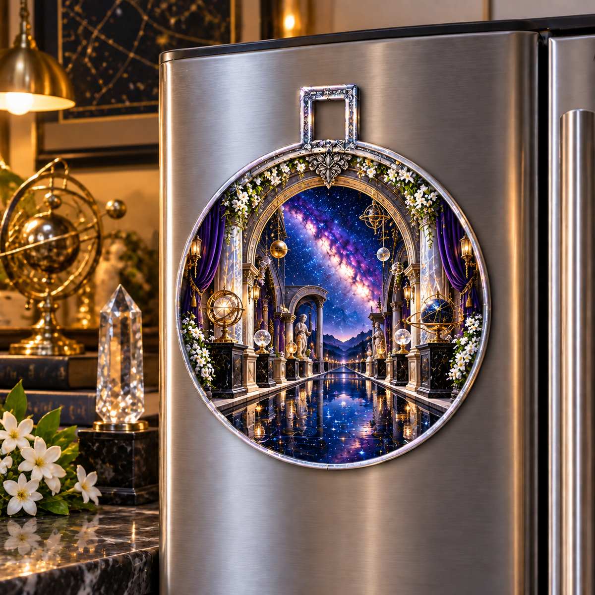 Milky Way Gallery Arch Acrylic Refrigerator Magnet with printed optical 3D artwork in its use setting