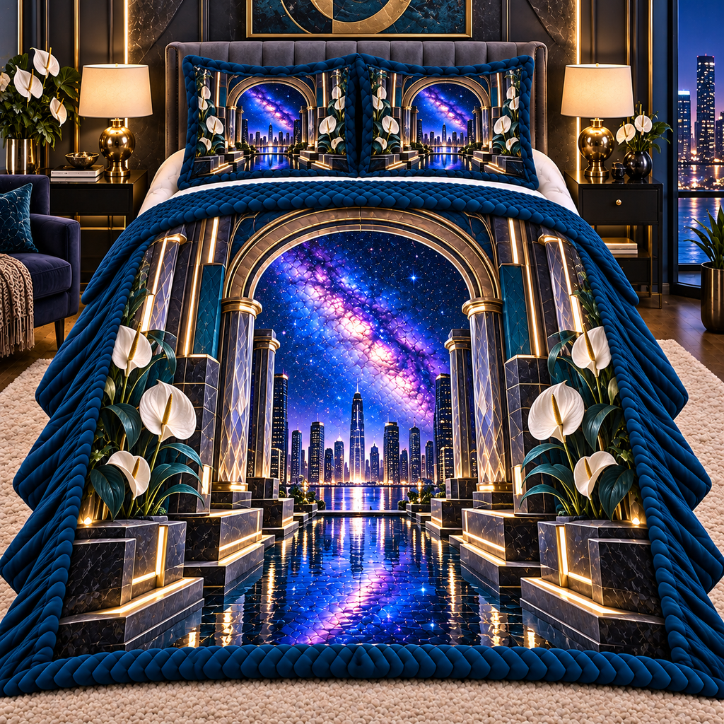 Milky Way Metropolitan Arch Quilted Bedding Set with printed optical 3D artwork in its use setting