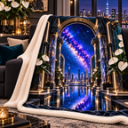 Milky Way Metropolitan Arch Sherpa & Fleece Blanket with printed optical 3D artwork in its use setting