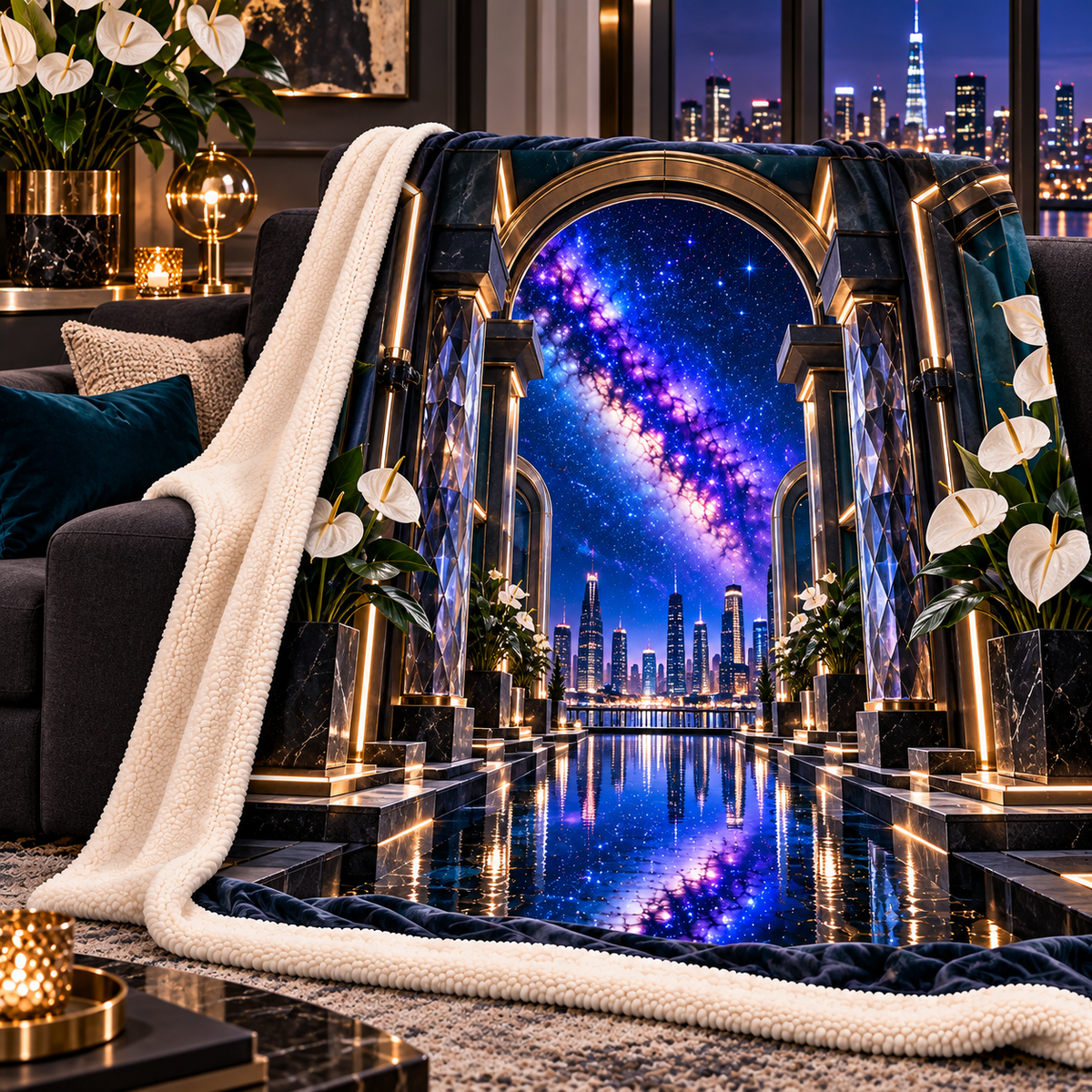 Milky Way Metropolitan Arch Sherpa & Fleece Blanket with printed optical 3D artwork in its use setting