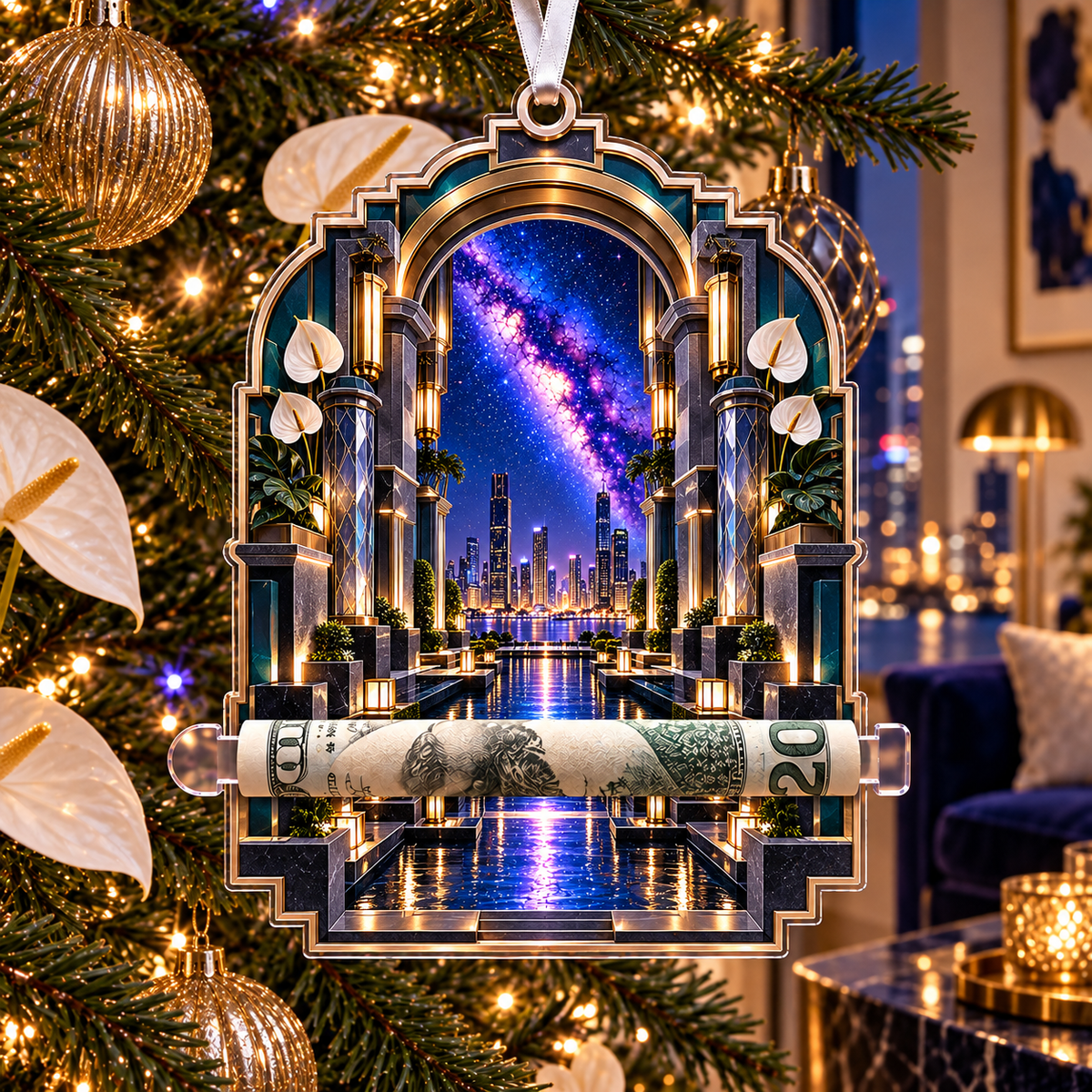 Milky Way Metropolitan Arch Acrylic Cash Holder Ornament with printed optical 3D artwork in its use setting