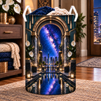 Milky Way Metropolitan Arch Laundry Hamper with printed optical 3D artwork in its use setting