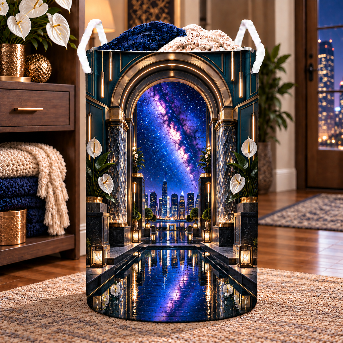 Milky Way Metropolitan Arch Laundry Hamper with printed optical 3D artwork in its use setting