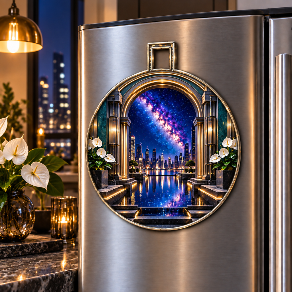 Milky Way Metropolitan Arch Acrylic Refrigerator Magnet with printed optical 3D artwork in its use setting