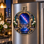 Milky Way Metropolitan Arch Acrylic Refrigerator Magnet with printed optical 3D artwork in its use setting