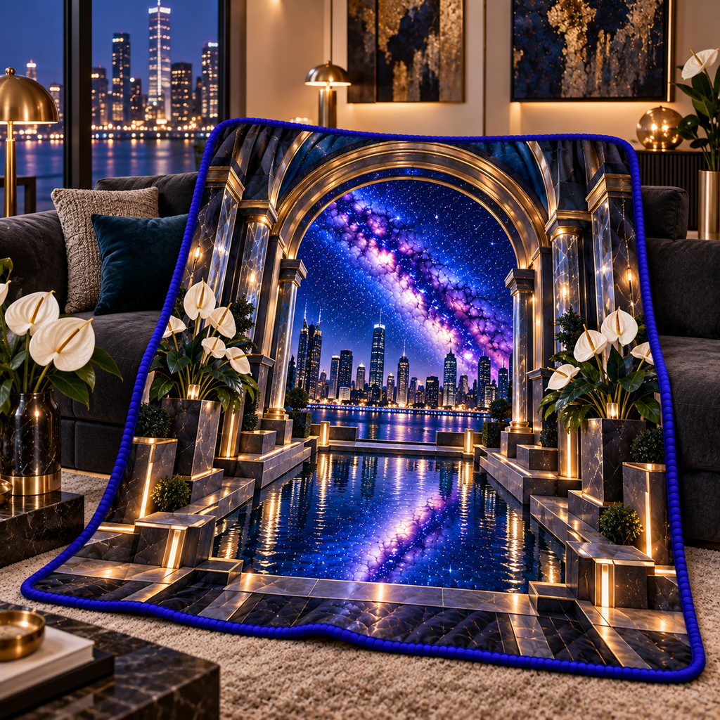 Milky Way Metropolitan Arch Quilt Blanket with printed optical 3D artwork in its use setting
