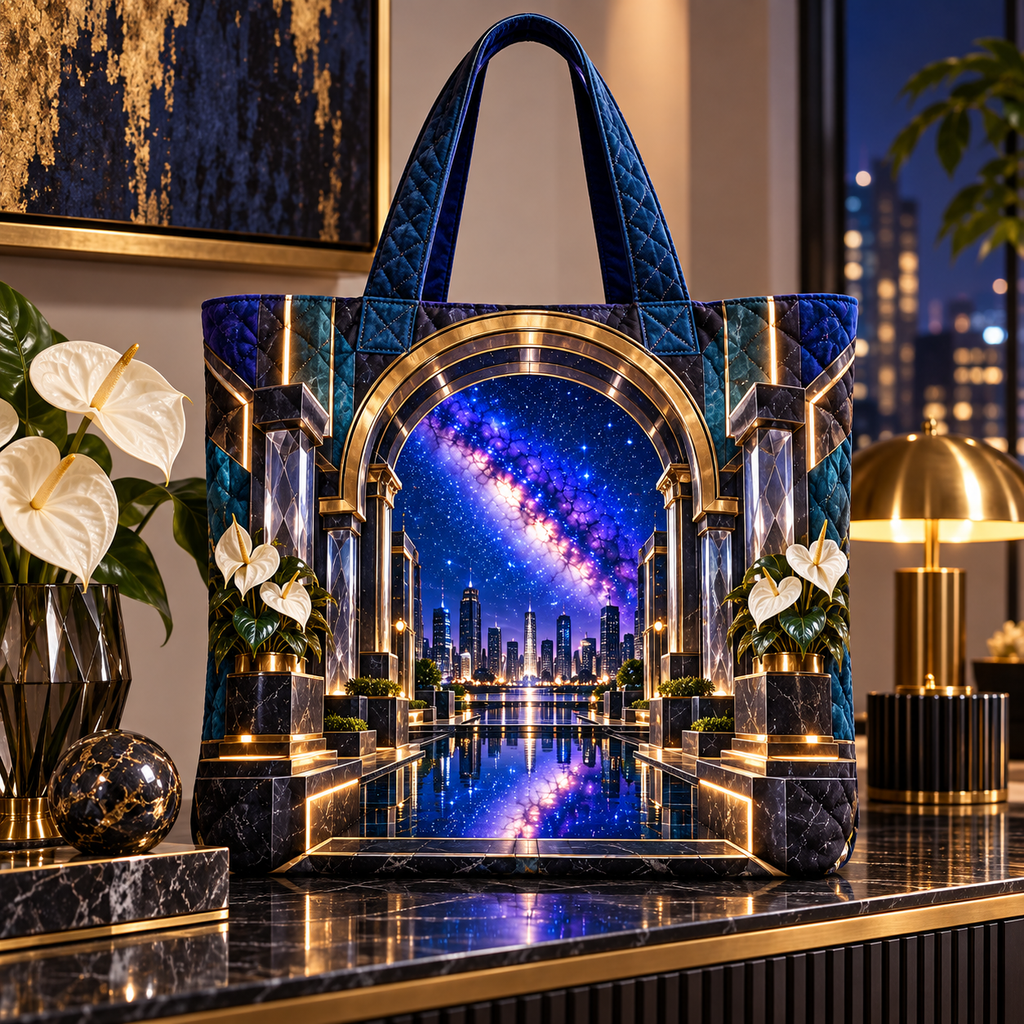 Milky Way Metropolitan Arch Quilted Tote Bag with printed optical 3D artwork in its use setting