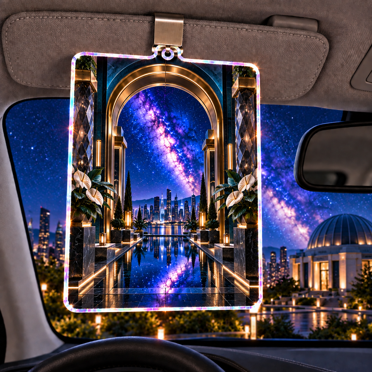 Milky Way Metropolitan Arch Holographic Car Visor Clip with printed optical 3D artwork in its use setting