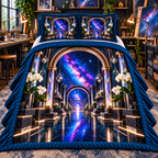 Milky Way Prism Studio Arch Quilted Bedding Set with printed optical 3D artwork in its use setting