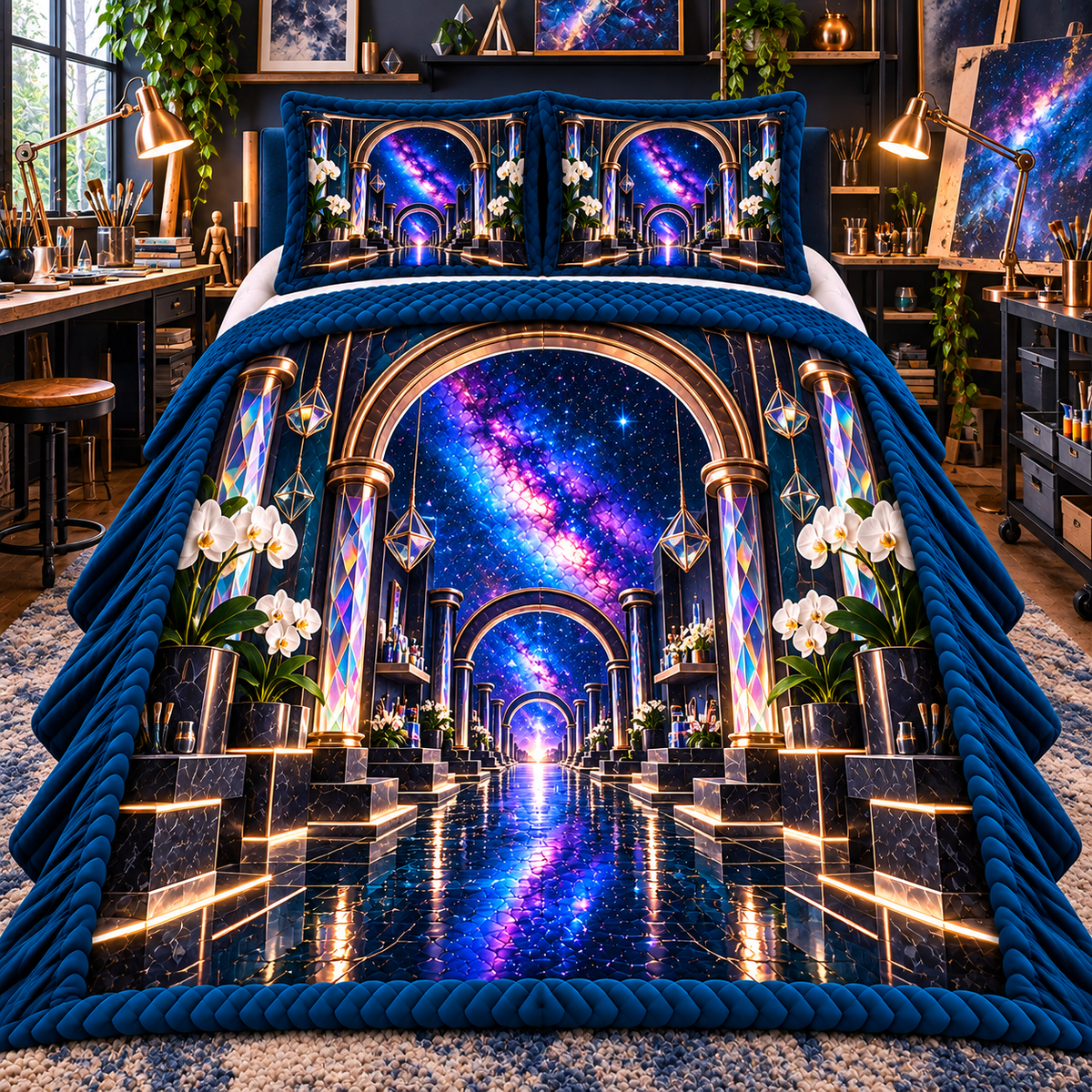 Milky Way Prism Studio Arch Quilted Bedding Set with printed optical 3D artwork in its use setting