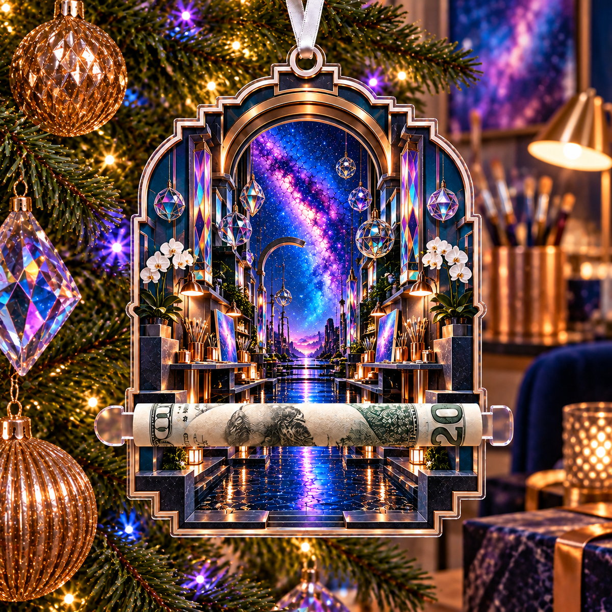 Milky Way Prism Studio Arch Acrylic Cash Holder Ornament with printed optical 3D artwork in its use setting