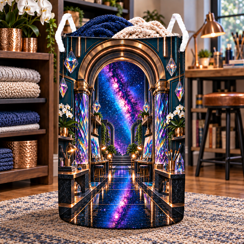 Milky Way Prism Studio Arch Laundry Hamper with printed optical 3D artwork in its use setting