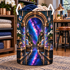Milky Way Prism Studio Arch Laundry Hamper with printed optical 3D artwork in its use setting