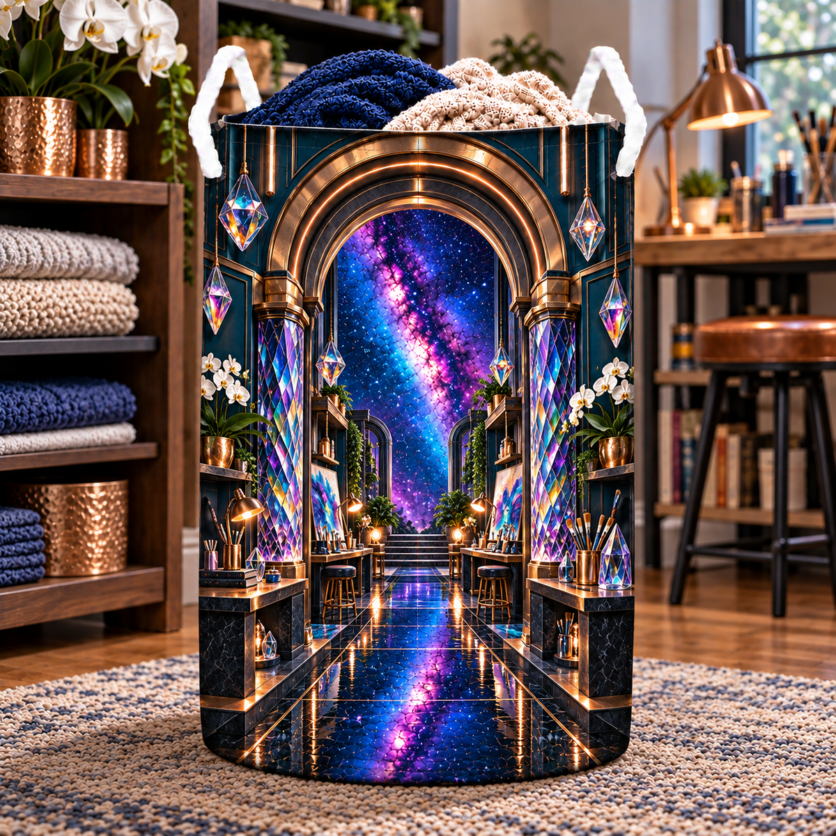 Milky Way Prism Studio Arch Laundry Hamper with printed optical 3D artwork in its use setting