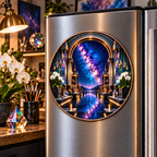 Milky Way Prism Studio Arch Acrylic Refrigerator Magnet with printed optical 3D artwork in its use setting