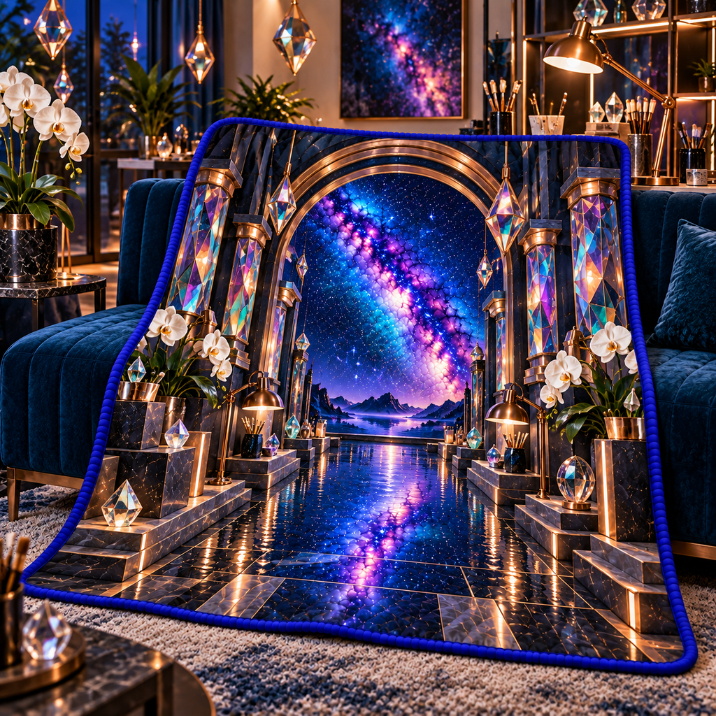 Milky Way Prism Studio Arch Quilt Blanket with printed optical 3D artwork in its use setting