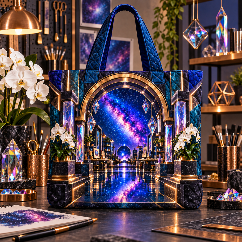 Milky Way Prism Studio Arch Quilted Tote Bag with printed optical 3D artwork in its use setting