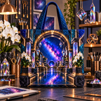 Milky Way Prism Studio Arch Quilted Tote Bag with printed optical 3D artwork in its use setting