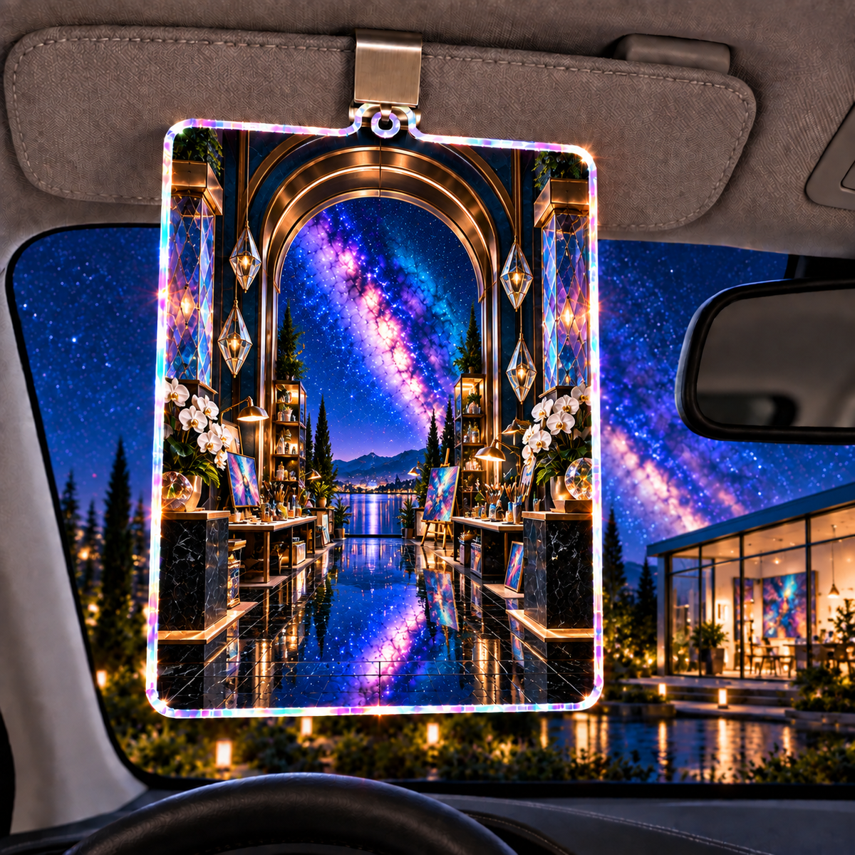 Milky Way Prism Studio Arch Holographic Car Visor Clip with printed optical 3D artwork in its use setting
