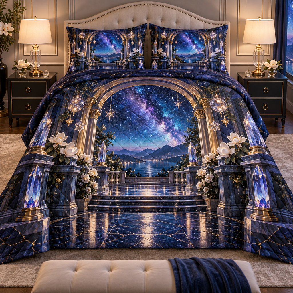 Milky Way Welcome Arch Quilted Bedding Set with printed optical 3D artwork in its use setting