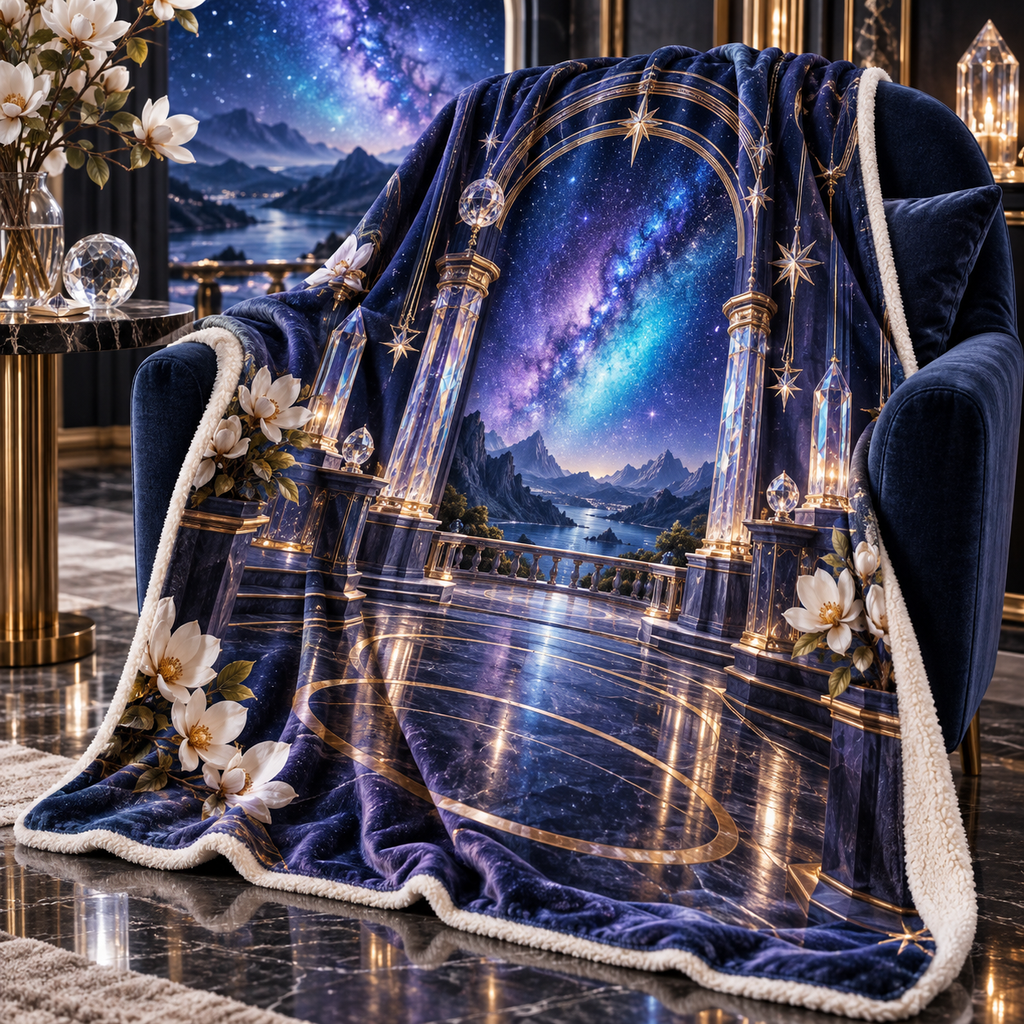Milky Way Welcome Arch Sherpa & Fleece Blanket with printed optical 3D artwork in its use setting
