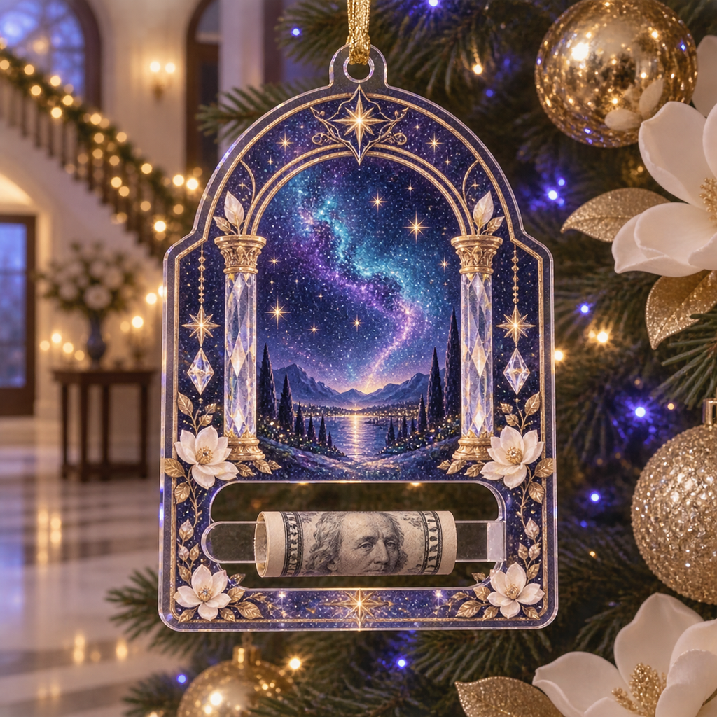 Milky Way Welcome Arch Acrylic Cash Holder Ornament with printed optical 3D artwork in its use setting