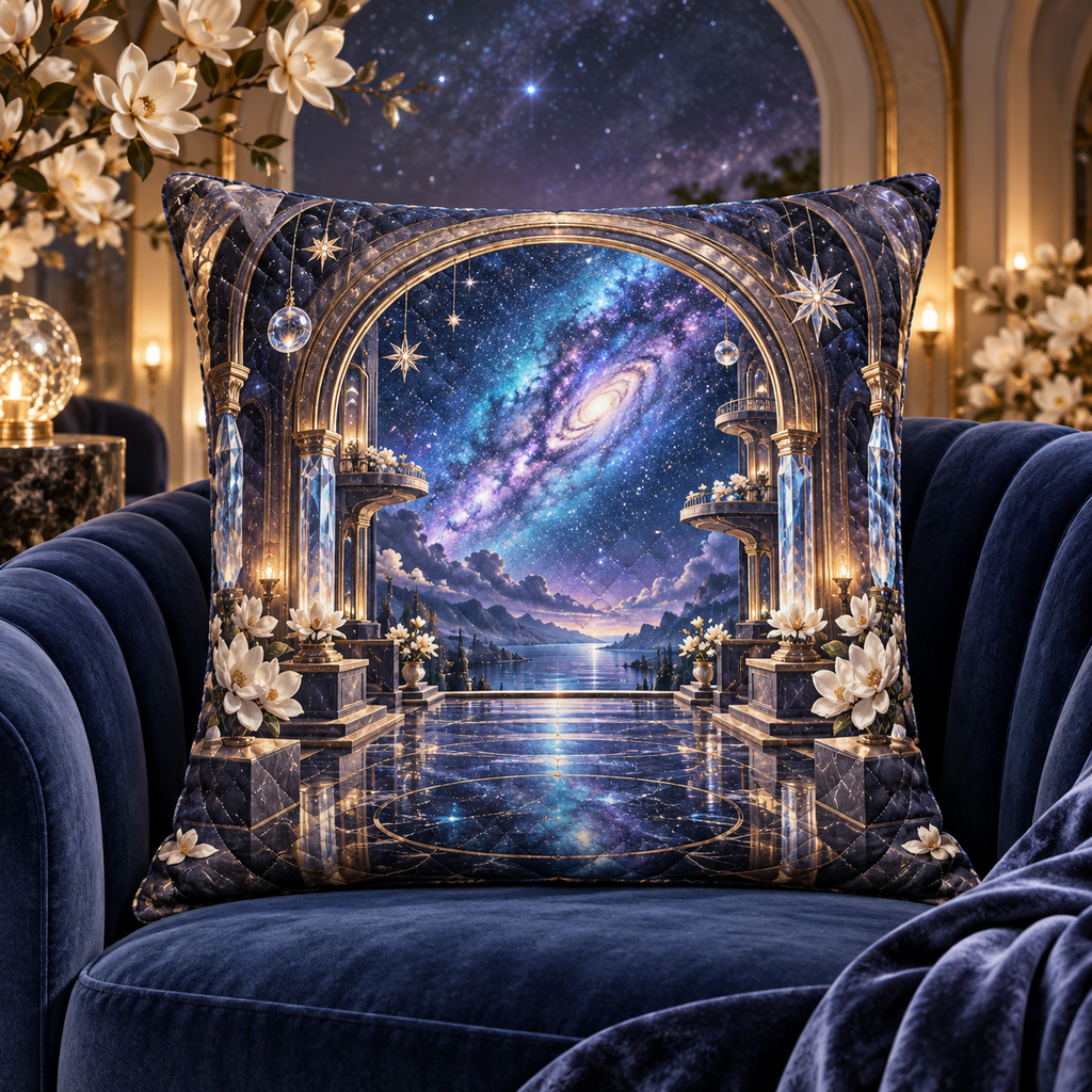 Milky Way Welcome Arch Quilted Cushion Cover with printed optical 3D artwork in its use setting