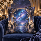 Milky Way Welcome Arch Quilted Cushion Cover with printed optical 3D artwork in its use setting