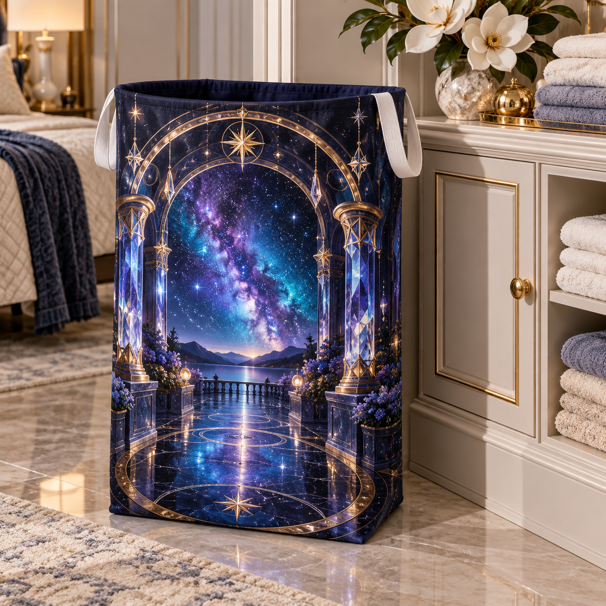 Milky Way Welcome Arch Laundry Hamper with printed optical 3D artwork in its use setting