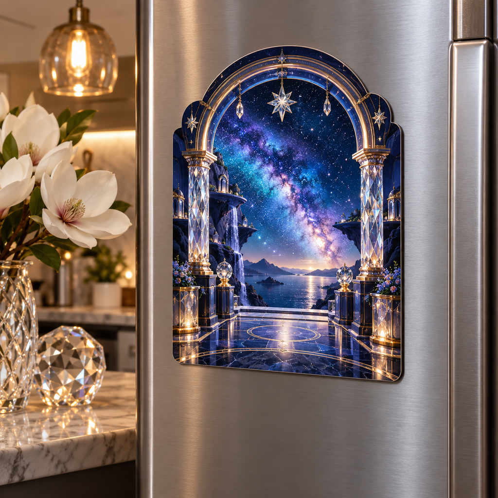 Milky Way Welcome Arch Acrylic Refrigerator Magnet with printed optical 3D artwork in its use setting