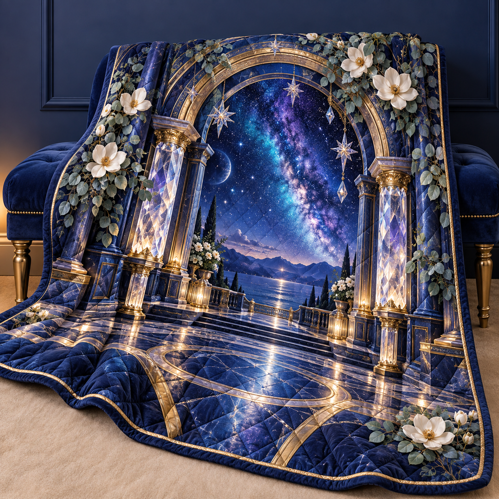 Milky Way Welcome Arch Quilt Blanket with printed optical 3D artwork in its use setting