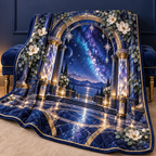 Milky Way Welcome Arch Quilt Blanket with printed optical 3D artwork in its use setting
