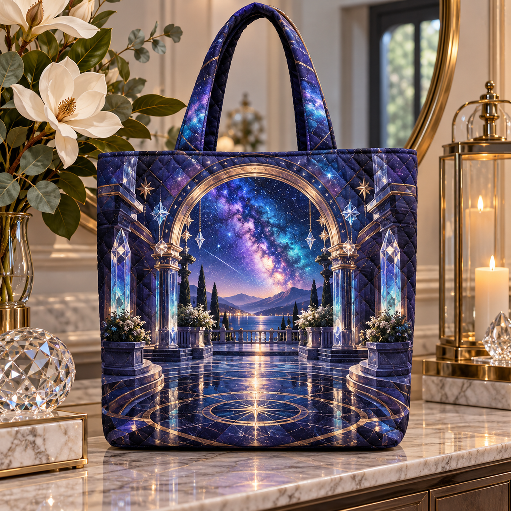 Milky Way Welcome Arch Quilted Tote Bag with printed optical 3D artwork in its use setting