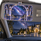Milky Way Welcome Arch Holographic Car Visor Clip with printed optical 3D artwork in its use setting