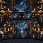 Meteor Library Portal Quilted Bedding Set with printed optical 3D artwork in its use setting