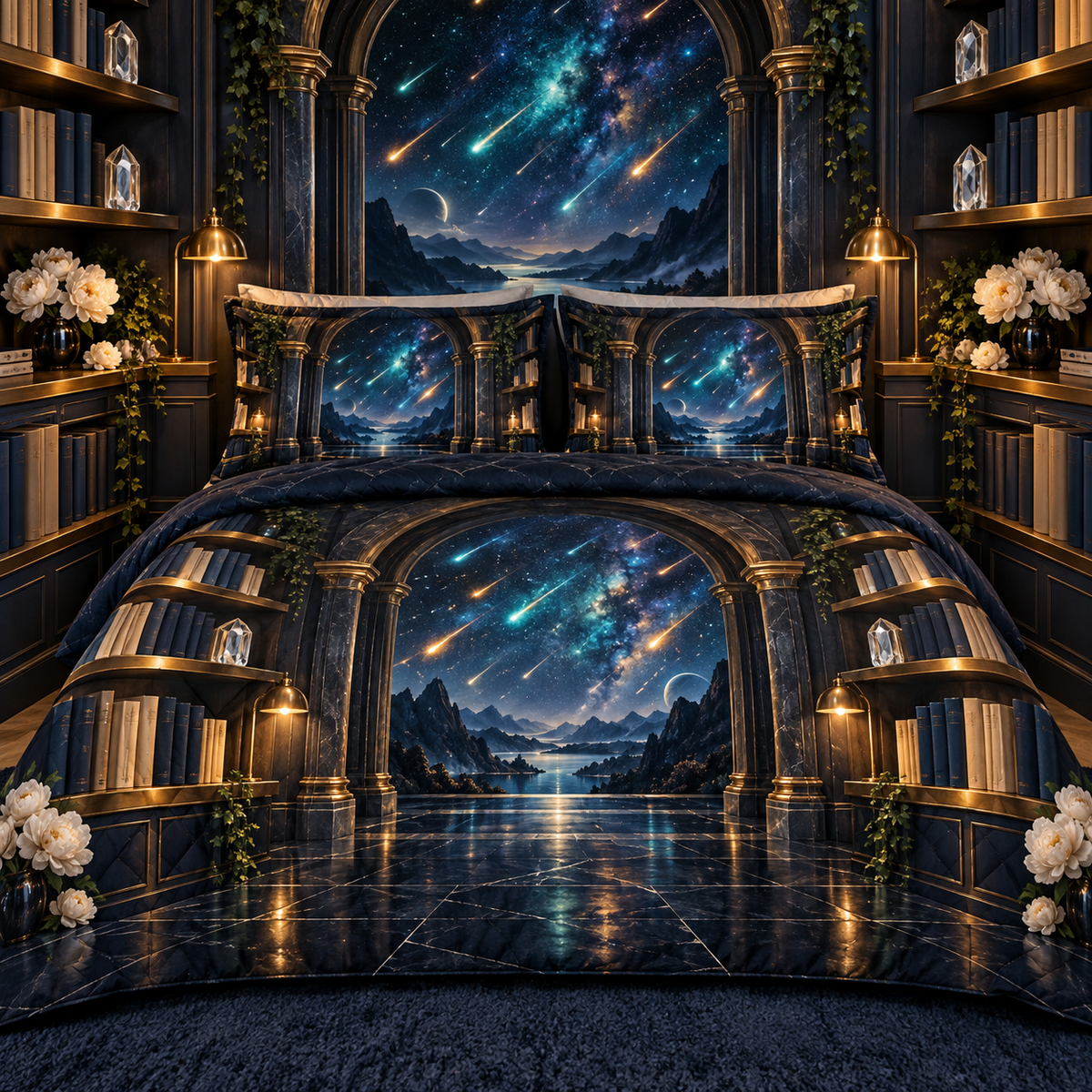 Meteor Library Portal Quilted Bedding Set with printed optical 3D artwork in its use setting