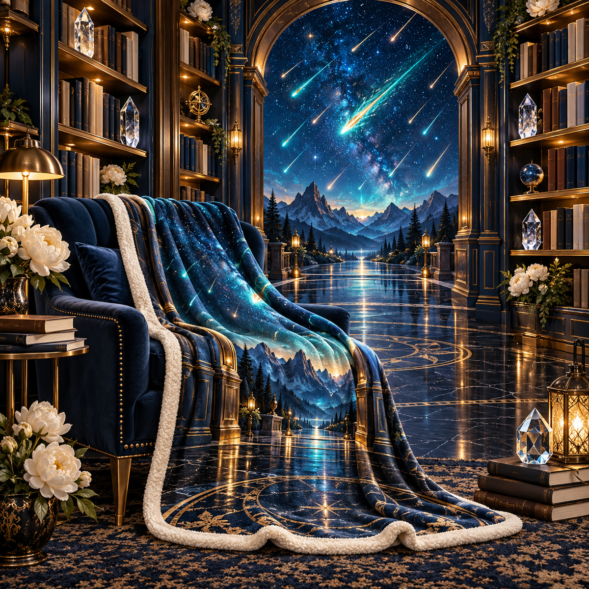 Meteor Library Portal Sherpa & Fleece Blanket with printed optical 3D artwork in its use setting
