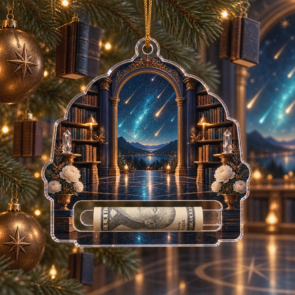 Meteor Library Portal Acrylic Cash Holder Ornament with printed optical 3D artwork in its use setting