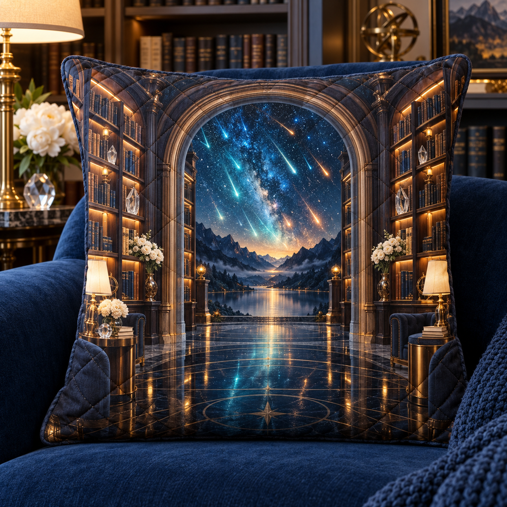 Meteor Library Portal Quilted Cushion Cover with printed optical 3D artwork in its use setting