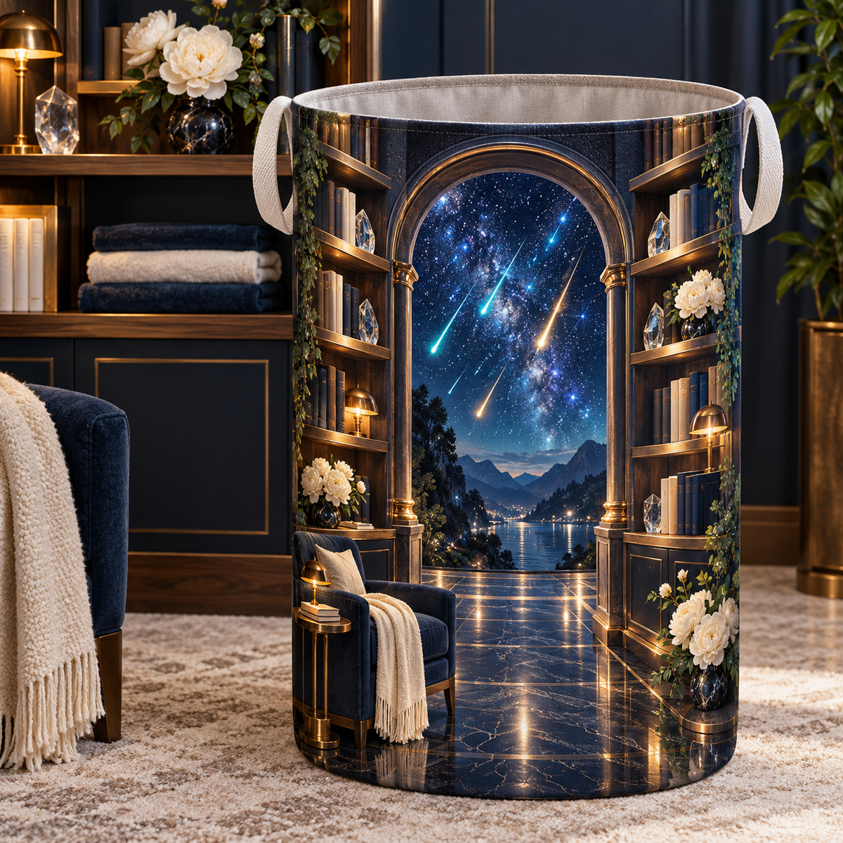 Meteor Library Portal Laundry Hamper with printed optical 3D artwork in its use setting