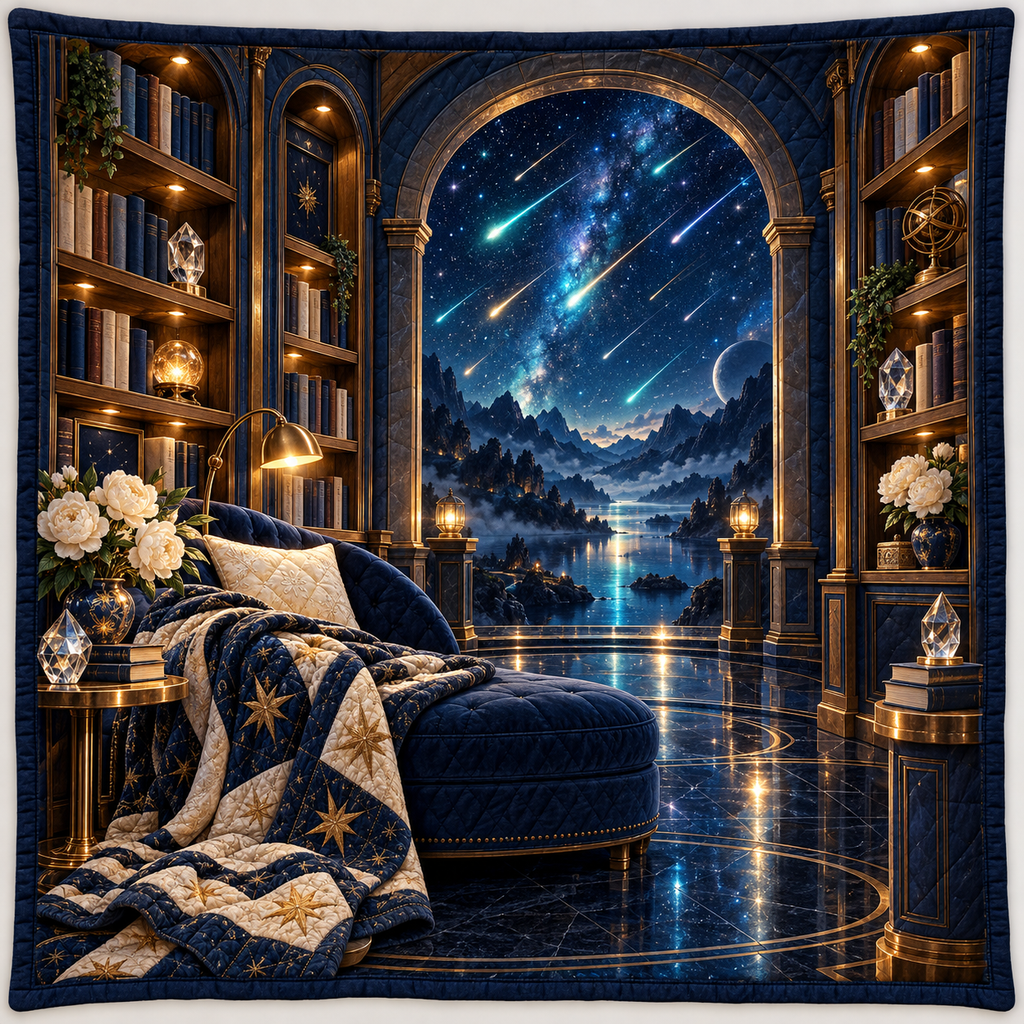 Meteor Library Portal Quilt Blanket with printed optical 3D artwork in its use setting