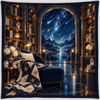 Meteor Library Portal Quilt Blanket with printed optical 3D artwork in its use setting