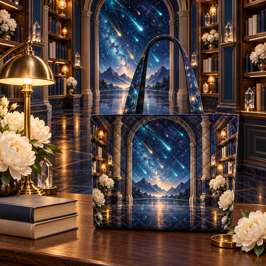 Meteor Library Portal Quilted Tote Bag with printed optical 3D artwork in its use setting