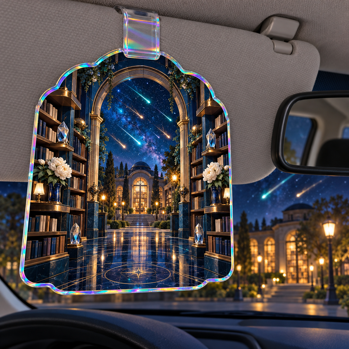 Meteor Library Portal Holographic Car Visor Clip with printed optical 3D artwork in its use setting