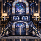 Meteor Moonstone Arch Quilted Bedding Set with printed optical 3D artwork in its use setting
