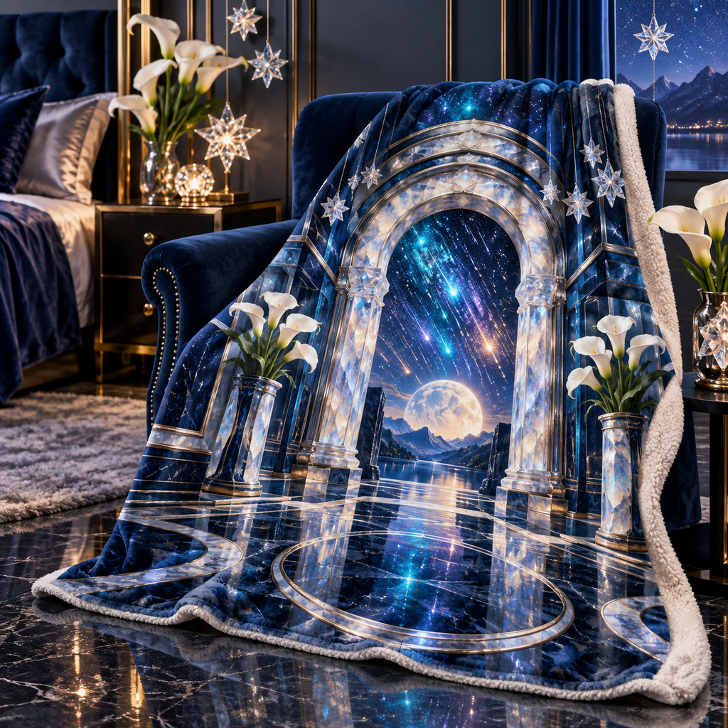 Meteor Moonstone Arch Sherpa & Fleece Blanket with printed optical 3D artwork in its use setting